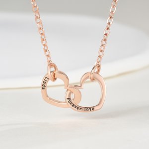 Personalized Dainty Interlocking Double Heart Pendant Necklace with Engraved Text Anniversary Mother's Day Birthday Gift for Women