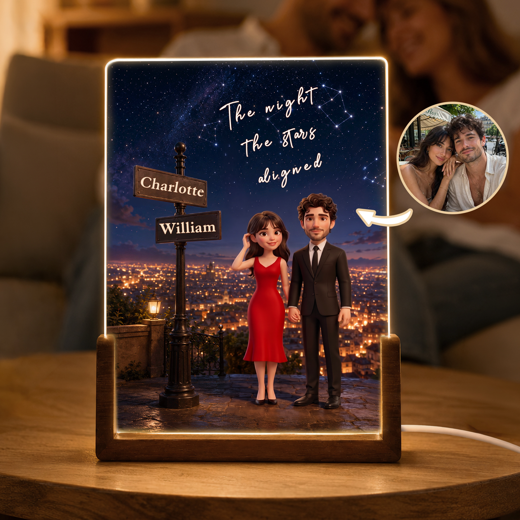 Personalisiertes, romantisches LED-Nachtlicht aus Acryl mit Paarfiguren, Foto, Namen und Text – Schreibtischdekoration und Jubiläumsgeschenk für Freundin oder Freund