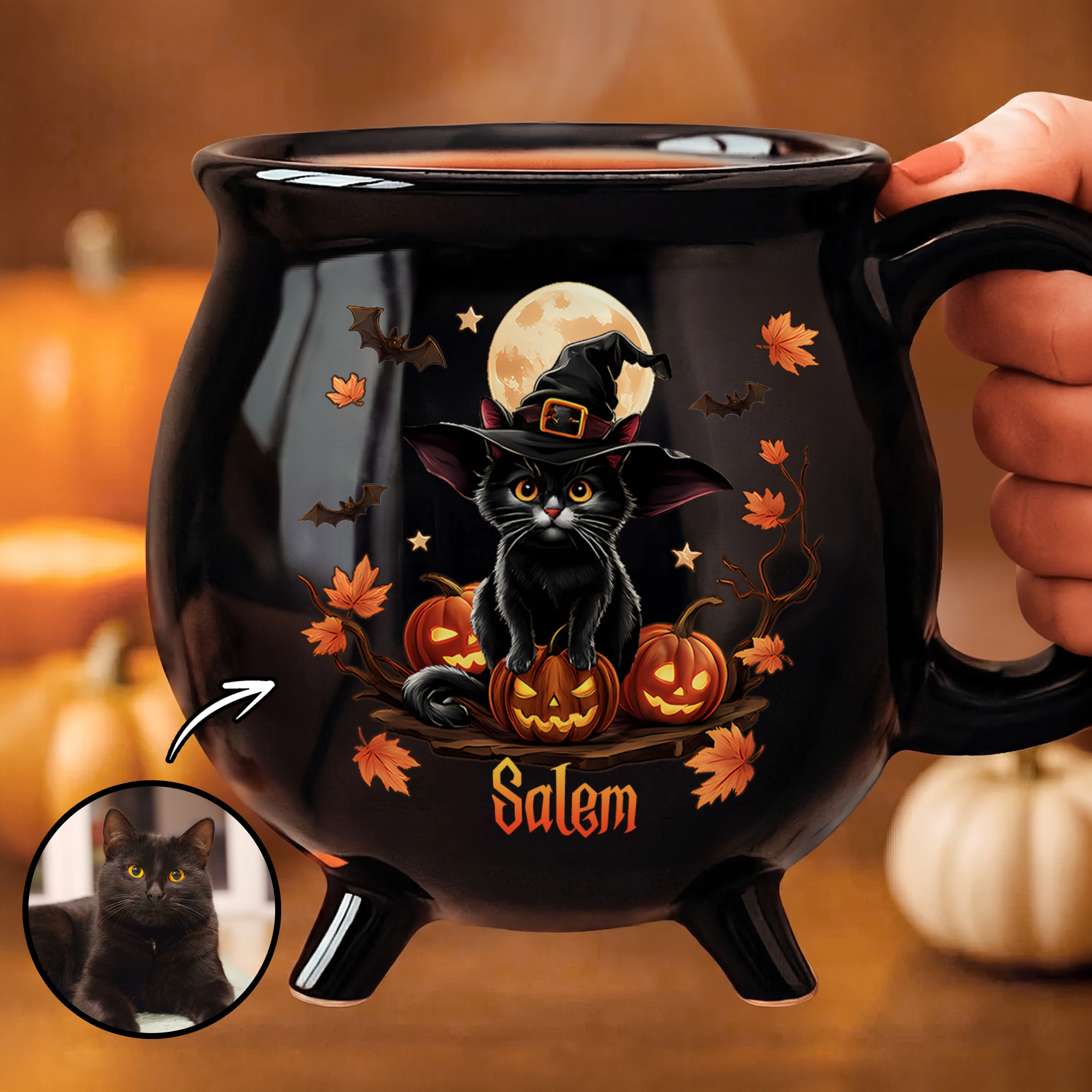Personalisierte Keramik-Kaffeetasse im Halloween-Stil mit Haustierfoto, Kürbis- und Hexenkessel-Motiv, mit Namen und Henkel – Halloween-Party- und Geburtstagsgeschenk für Haustierbesitzer und -liebhab