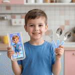 Personalized Cartoon Photo Word Cloud Gradient Kid's Fork Spoon Knife 3 Pcs Cutlery Set Back to School Birthday Gift for Boys Girls