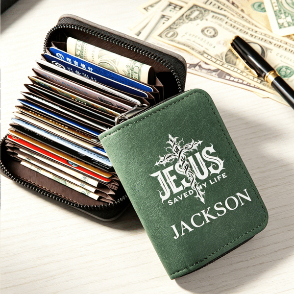 Tarjetero en forma de cruz personalizado «Jesús me salvó la vida», con nombre y múltiples ranuras para tarjetas. Regalo religioso para el día a día, ideal para bautizos y cumpleaños, para hombres cris