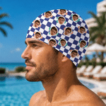 Personalized Multicolour Chessboard Flower Face Photo Comfortable Swim Cap Swimming Accessories Birthday Gift for Men Women Kids