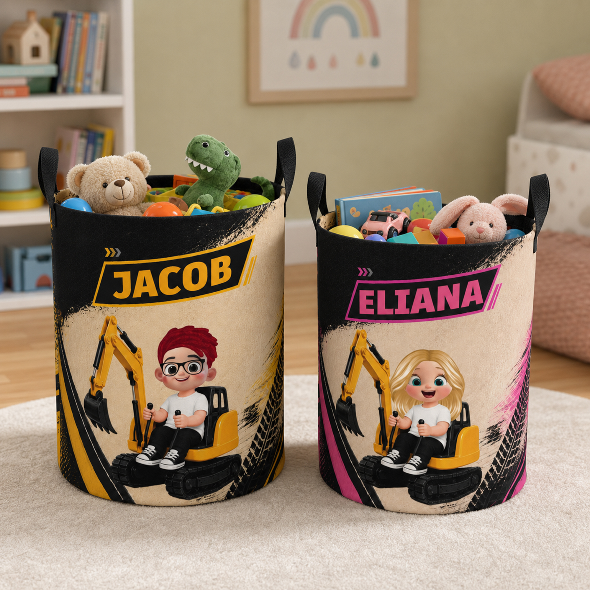Individuell gestalteter Wäschekorb mit großer Fassungsvermögen und Cartoon-Figur „Bagger“ – mit Namen – als Alltagsgeschenk für den Haushalt oder zum Geburtstag für Kinder und Eltern