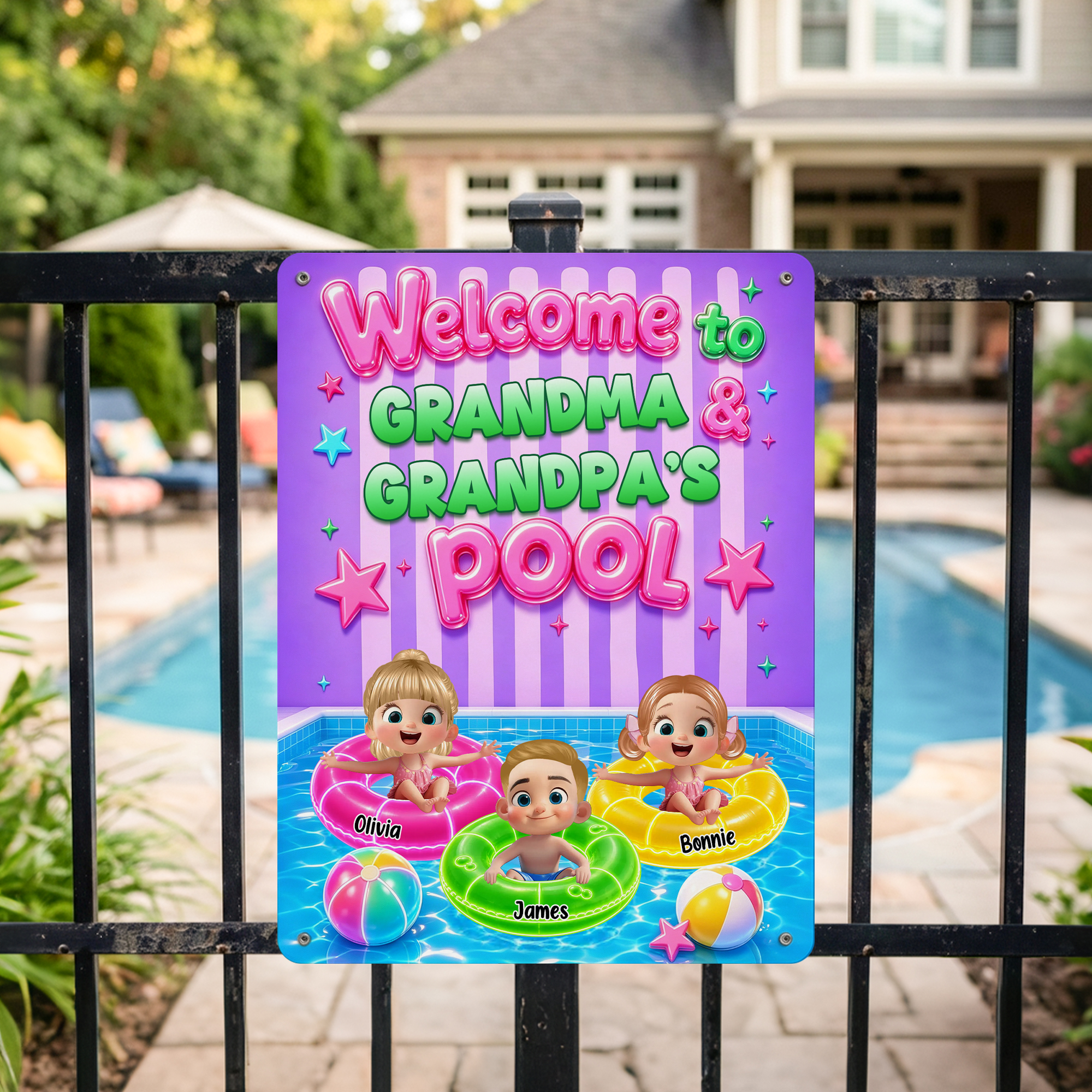 Personalisiertes Willkommensschild im Neon-Stil aus Metall mit Cartoon-Kinderfigur und Namen – Schwimmbad-Dekoration, Geburtstagsgeschenk für Großeltern und die Familie