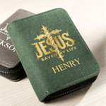 Portacarte personalizzato a forma di croce con la scritta “Jesus Saved My Life”, con nome e scomparti multipli per carte: regalo religioso per l’uso quotidiano, ideale per battesimi e compleanni, per 
