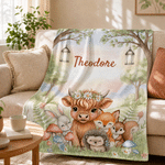 Personalised Forest Friends Highland Cow Rabbit Foxes Soft Throw Blanket with Name Nursery Decor Baby Shower Gift for Newborn
