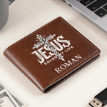 Personalized JESUS Saved My Life Cross PU Leather Wallet with Name Daily Use Birthday Baptism Gift for Christian Man