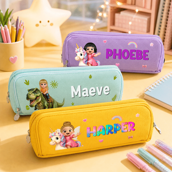 Personalised Cartoon Kid Character Dinosaur Fantasy Unicorn Three-Layer Pencil Case with Name Back to School Birthday Gift for Students Kids