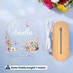 Veilleuse LED personnalisée en acrylique, motif floral mignon, avec prénom et socle en bois – Décoration d'intérieur, cadeau d'anniversaire pour les enfants et la famille