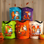 Personalised Pumpkin Ghost Colourful LED Light Bucket Bag with Name and Initial Halloween Party Gift for Kids