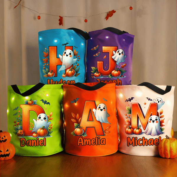 Personalised Pumpkin Ghost Colourful LED Light Bucket Bag with Name and Initial Halloween Party Gift for Kids