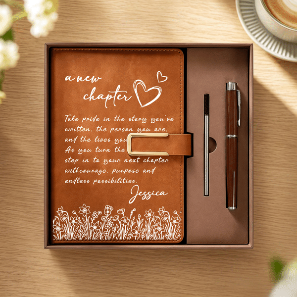 Personalized A New Chapter Floral Heart A5 PU Leather Notebook with Name Retirement Farewell Leaving Job Gift for Retiree Friend Coworker