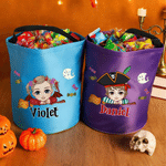 Personalized Halloween Theme Witch Hat Cartoon Kid Character LED Light Bucket Bag with Name Trick or Treat Halloween Party Gift for Boys Girls