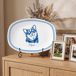 Personalized Blue and White Porcelain Style Pet Photo Plate with Name and Stand Home Decor Memorial Birthday Gift for Pet Owner