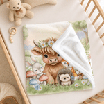 Personalised Forest Friends Highland Cow Rabbit Foxes Soft Throw Blanket with Name Nursery Decor Baby Shower Gift for Newborn