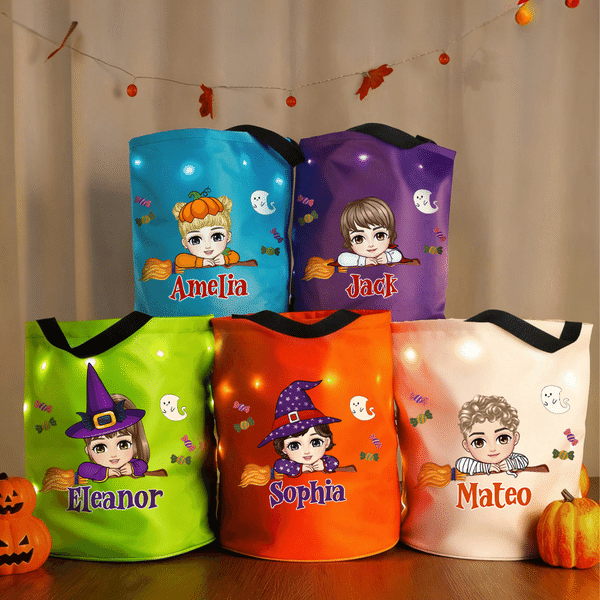 Personalized Halloween Theme Witch Hat Cartoon Kid Character LED Light Bucket Bag with Name Trick or Treat Halloween Party Gift for Boys Girls
