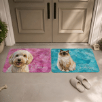 Felpudo antideslizante personalizado con retrato de mascota al estilo de pintura al óleo, con nombre; decoración para el hogar; regalo de cumpleaños, adopción o aniversario para los amantes de las mas
