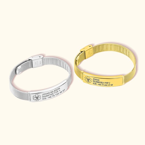 Personligt medicinskt armband i rostfritt stål med justerbart meshband och graverad bricka för viktig hälsoinformation