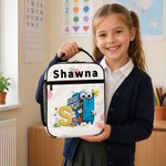 Personalized School Cartoon Pattern Waterproof Lunch Bag with Name and Initial Back to School Birthday Gift for Kids Students