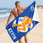 Serviette de plage surdimensionnée à séchage rapide, personnalisée avec la silhouette multicolore d'un joueur de football américain, son nom et son numéro – Cadeau de voyage pour les vacances d'été, i