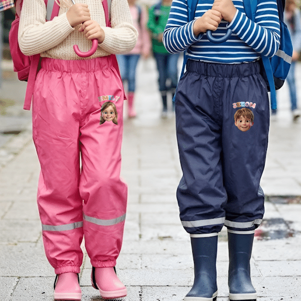 Personalised Pixar Cartoon Style Photo Rain Pants Lined Muddy Puddle Pants with Name Outdoor Hiking Back to School Gift for Kids Boys Girls