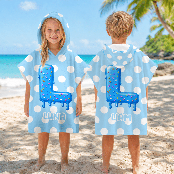 Personalised Polka Dot Summer Theme Initial Quick Dry Hooded Beach Towel with Name Beach Swimming Pool Summer Holiday Gift for Kids