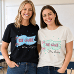 Personalized Multicolor Bow Checkered Flag Pattern T-Shirt with Grade and Name Back to School First Day of School Teacher's Day Gift for Teacher