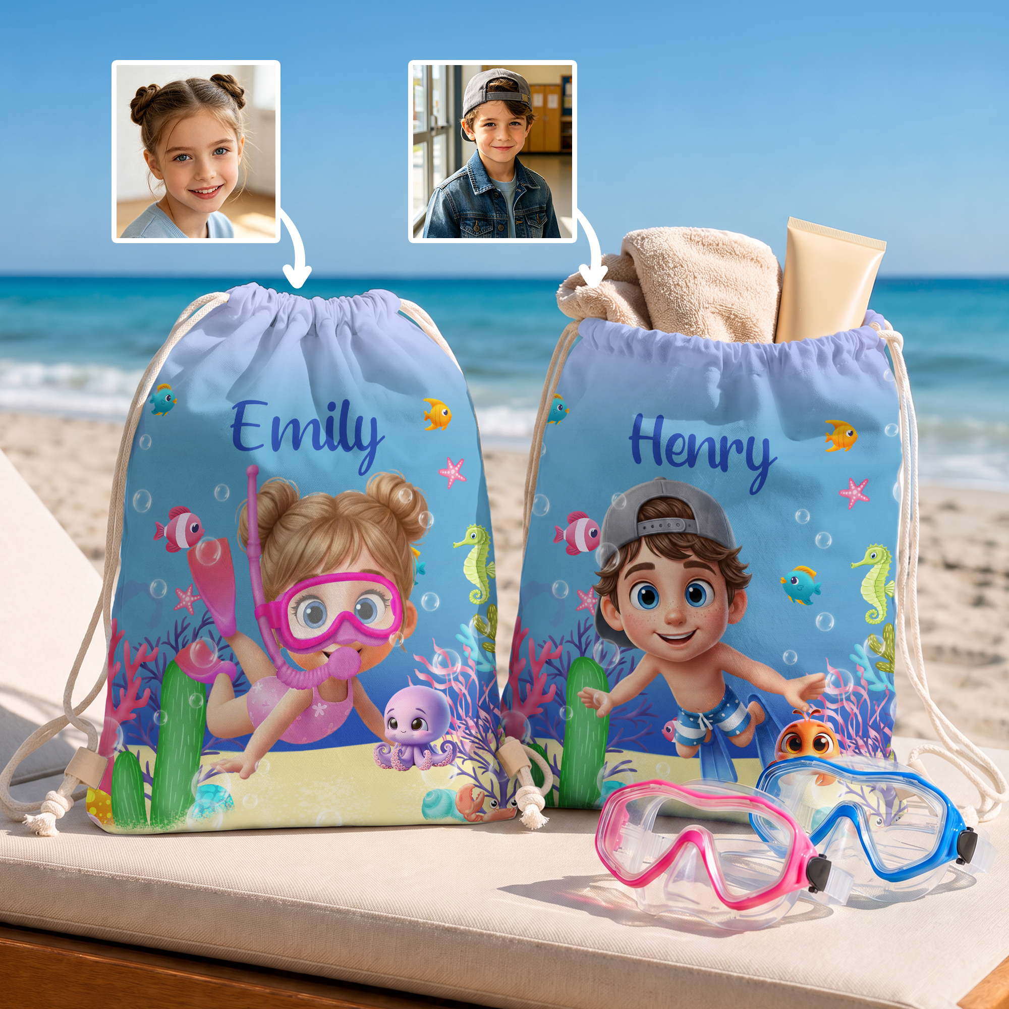 Individuell gestalteter Rucksack im 3D-Stil mit Foto-Cartoon-Figur und Kordelzug – mit Namen – Strandparty, Sommerferien, Geburtstagsgeschenk für Kinder und Tauchbegeisterte