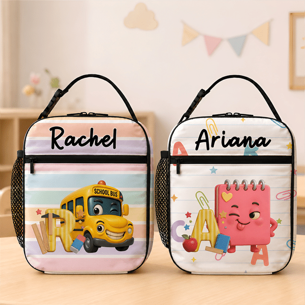 Personalized School Cartoon Pattern Waterproof Lunch Bag with Name and Initial Back to School Birthday Gift for Kids Students