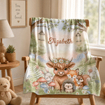 Personalised Forest Friends Highland Cow Rabbit Foxes Soft Throw Blanket with Name Nursery Decor Baby Shower Gift for Newborn
