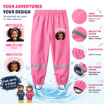 Personalised Pixar Cartoon Style Photo Rain Pants Lined Muddy Puddle Pants with Name Outdoor Hiking Back to School Gift for Kids Boys Girls