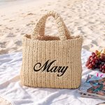 Gepersonaliseerde, kleurrijke, gestreepte, geborduurde naam, handgemaakte papieren raffia geweven handtas – cadeau voor vrouwen voor de zomervakantie, het strand, het zwembad of een feestje
