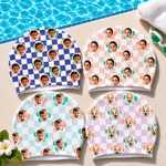 Personalized Multicolour Chessboard Flower Face Photo Comfortable Swim Cap Swimming Accessories Birthday Gift for Men Women Kids