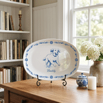 Personalized Blue and White Porcelain Style Pet Photo Plate with Name and Stand Home Decor Memorial Birthday Gift for Pet Owner