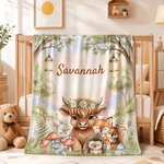 Personalised Forest Friends Highland Cow Rabbit Foxes Soft Throw Blanket with Name Nursery Decor Baby Shower Gift for Newborn