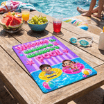 Gepersonaliseerd welkomstbord in neonstijl met cartoonkarakter voor bij het zwembad, met naam, decoratie voor het zwembad, verjaardagscadeau voor grootouders en familie
