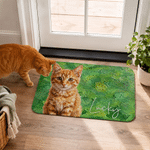 Felpudo antideslizante personalizado con retrato de mascota al estilo de pintura al óleo, con nombre; decoración para el hogar; regalo de cumpleaños, adopción o aniversario para los amantes de las mas