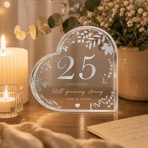 Personalized Glitter Leaf Border Year of Love Heart-Shaped Acrylic Plaque with Names Valentine's Day Wedding Anniversary Gift for Couple