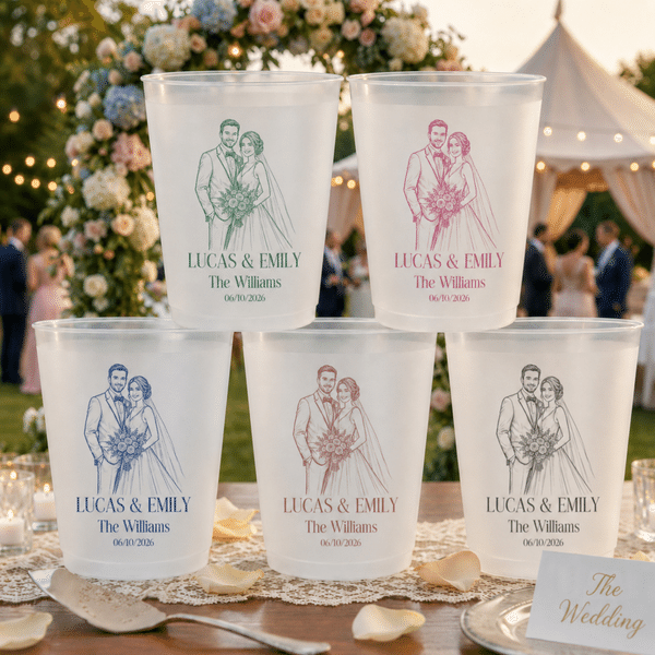 Personalised Colourful Line Photo Frosted Plastic Cups with Name and Date Set of 10 Wedding Venue Use Wedding Favors for Bride Couple Guest