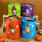 Personalized Halloween Theme Witch Hat Cartoon Kid Character LED Light Bucket Bag with Name Trick or Treat Halloween Party Gift for Boys Girls