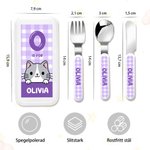 Personligt bestickset i 3 delar för barn med namn djurmotiv och praktiskt fodral perfekt till skolstart och födelsedagspresent