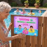 Gepersonaliseerd welkomstbord in neonstijl met cartoonkarakter voor bij het zwembad, met naam, decoratie voor het zwembad, verjaardagscadeau voor grootouders en familie