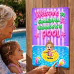 Gepersonaliseerd welkomstbord in neonstijl met cartoonkarakter voor bij het zwembad, met naam, decoratie voor het zwembad, verjaardagscadeau voor grootouders en familie