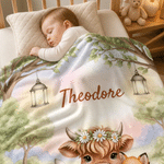 Personalised Forest Friends Highland Cow Rabbit Foxes Soft Throw Blanket with Name Nursery Decor Baby Shower Gift for Newborn