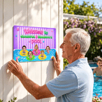 Gepersonaliseerd welkomstbord in neonstijl met cartoonkarakter voor bij het zwembad, met naam, decoratie voor het zwembad, verjaardagscadeau voor grootouders en familie
