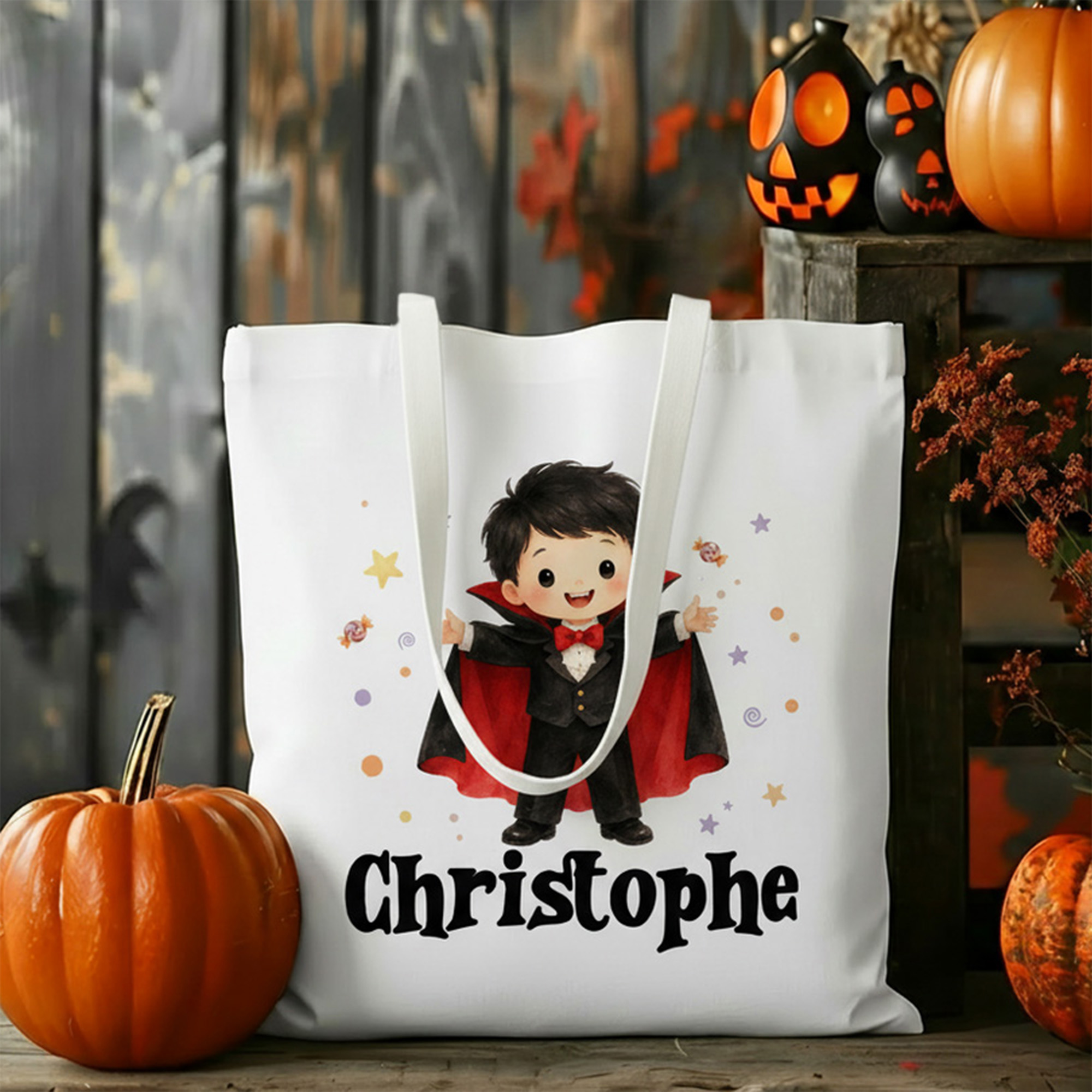 Personalisierte „Trick or Treat“-Kürbistasche mit Cartoon-Figuren und gruseligem Geist – geräumige Canvas-Tasche mit Namensaufdruck – Halloween-Party-Geschenk für Kinder