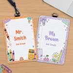 Personalised Cute Stationery Border ID Card Holder with Hanging Buckle Surname Text and Title Back to School Teacher's Day Gift for Educators