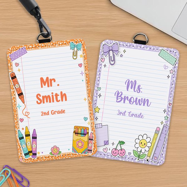 Personalised Cute Stationery Border ID Card Holder with Hanging Buckle Surname Text and Title Back to School Teacher's Day Gift for Educators
