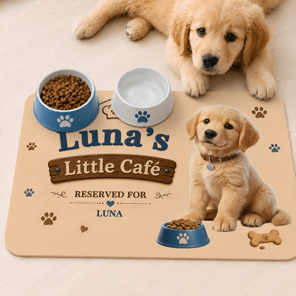 Personalized Little Cafe Pet Portrait Photo Waterproof Pet Feeding Mat with Name and Rubber Backing Pet Supplies Birthday Gift for Pet Owners