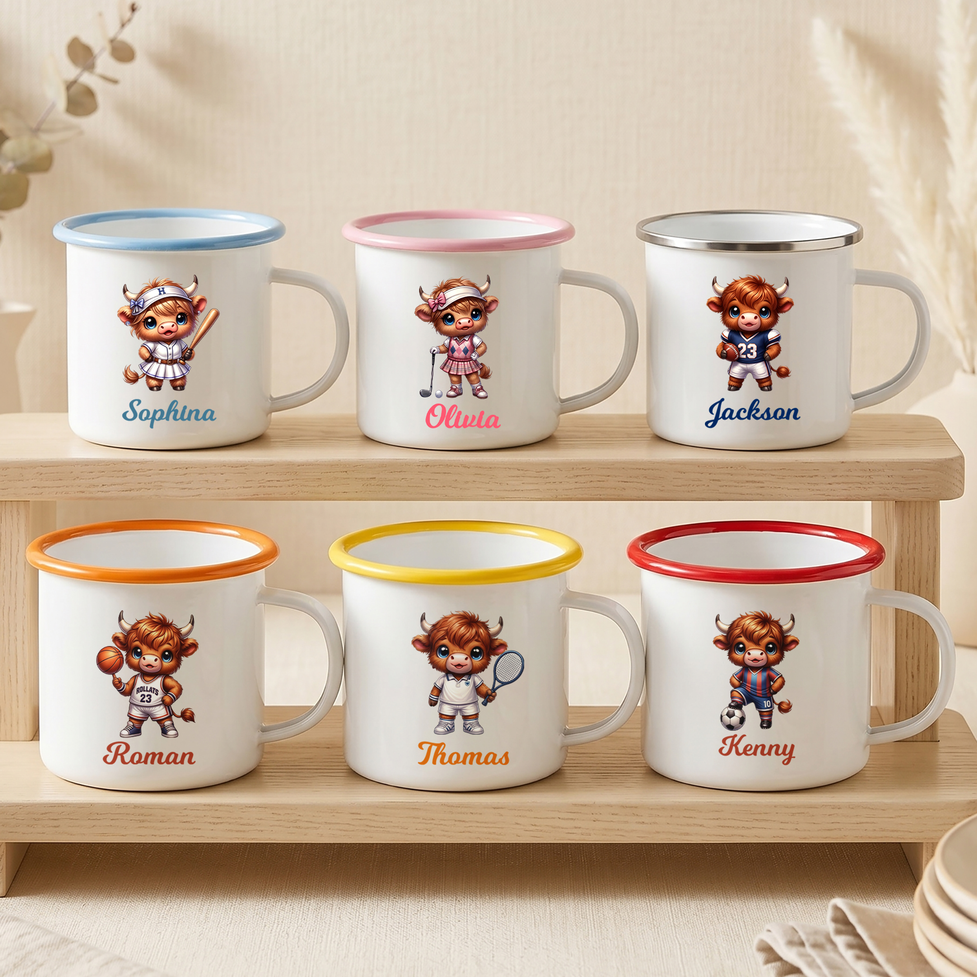 Personalisierte 12-oz-Emaille-Tasse mit Highland-Cow-Motiv und Namen – Alltagsbegleiter, Sportartikel, Geburtstagsgeschenk für Highland-Cow-Fans und Sportbegeisterte